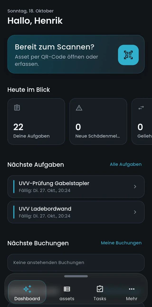 Startseite der Loxify-App: Scannen, 22 Aufgaben, nächste Prüfungen mit Fälligkeit
