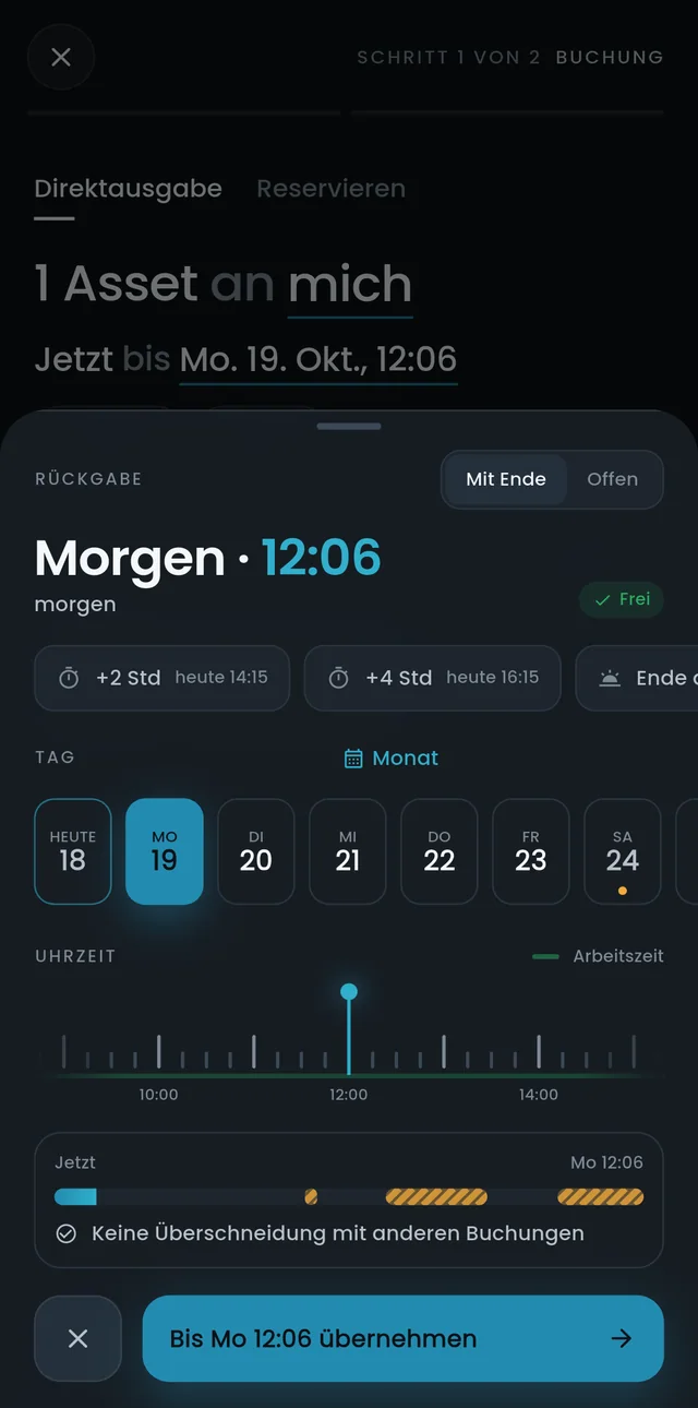 Rückgabezeitpunkt in der Loxify-App wählen: Tag, Uhrzeit, Arbeitszeit und andere Buchungen auf einen Blick