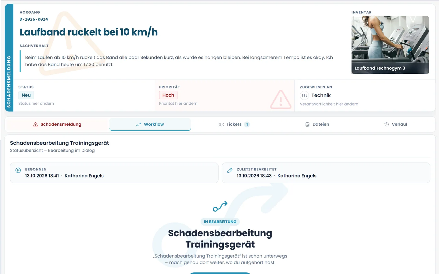 Schadensakte Laufband ruckelt bei 10 km/h in Loxify: Priorität hoch, Team Technik, Bearbeitungsworkflow Schadensbearbeitung Trainingsgerät