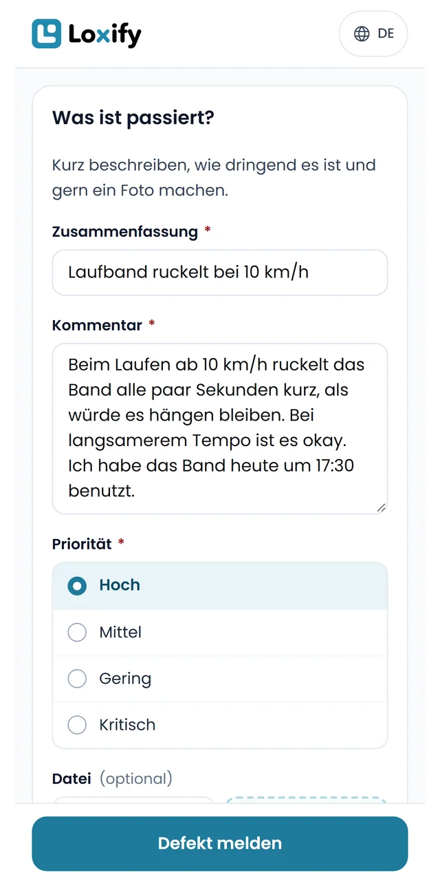Schadensmeldung per QR-Code auf dem Handy: Was ist passiert, Laufband ruckelt bei 10 km/h, Priorität hoch