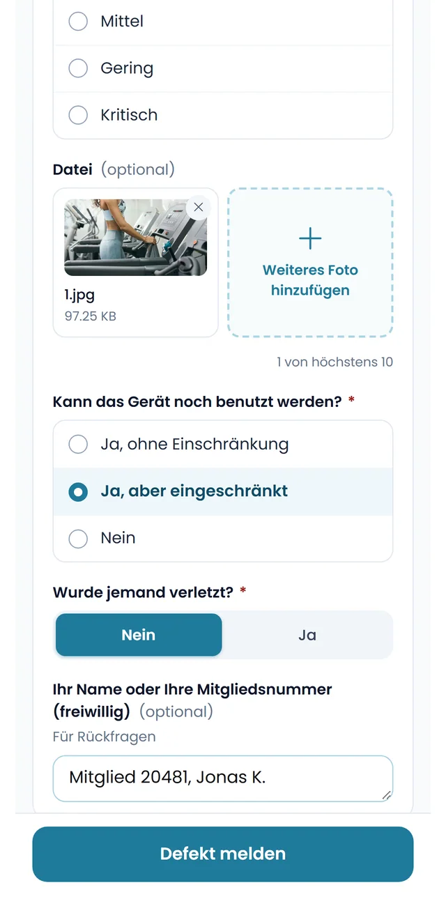 Schadensmeldung per QR-Code: Foto angehängt, Gerät nur eingeschränkt benutzbar, niemand verletzt