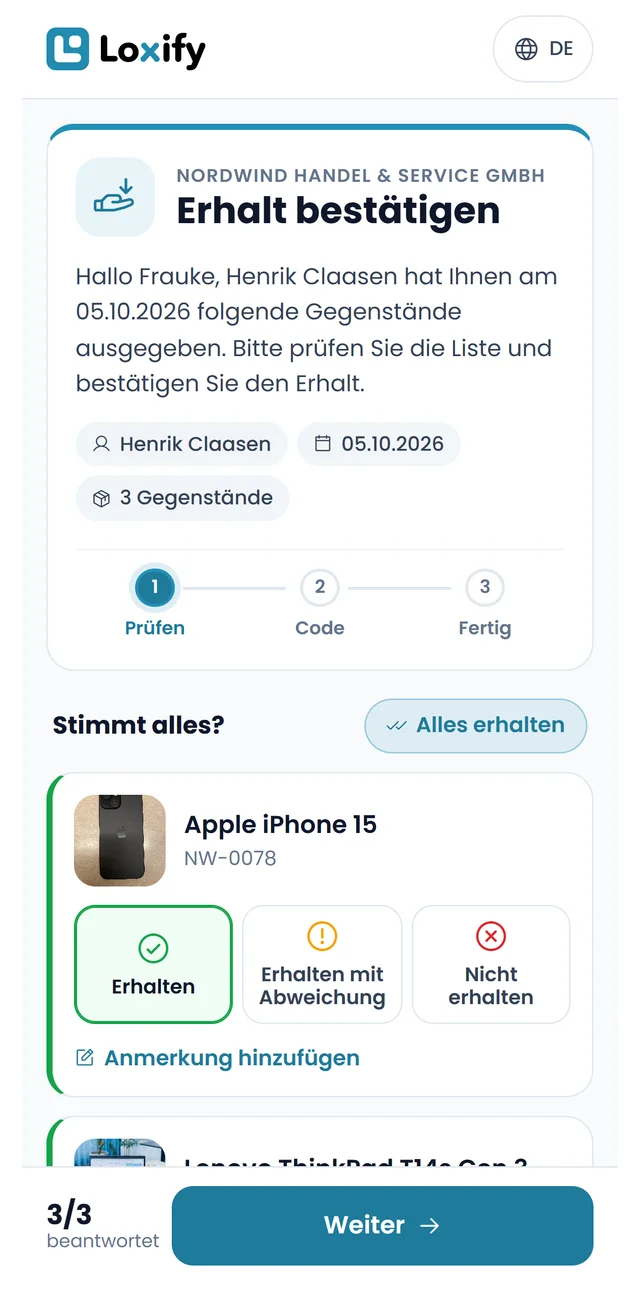 Bestätigung auf dem Handy: Erhalt bestätigen mit drei Gegenständen, Alles erhalten angetippt, drei von drei beantwortet