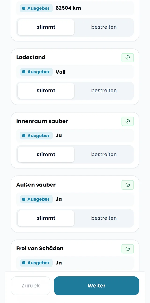 Gegenprüfung auf dem Handy: Angaben des Ausgebers wie Ladestand Voll, je Punkt stimmt oder bestreiten