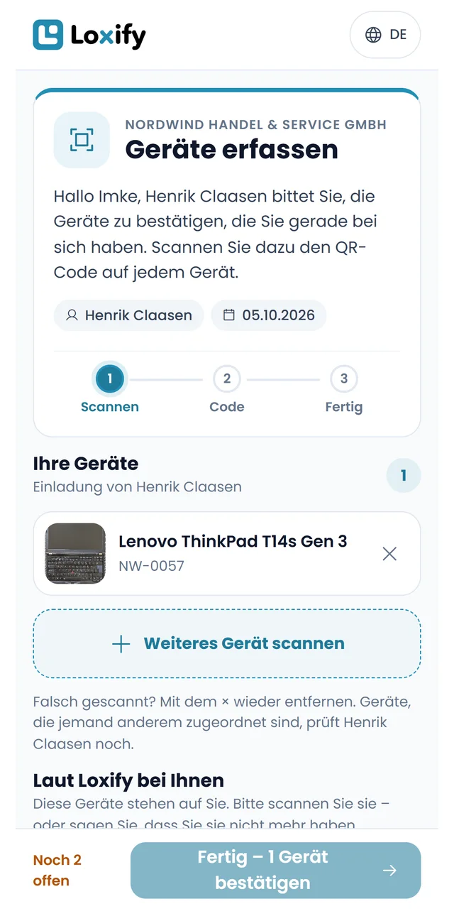 Selbst-Scan auf dem Handy: Geräte erfassen, ein gescanntes Notebook in der Liste, Weiteres Gerät scannen