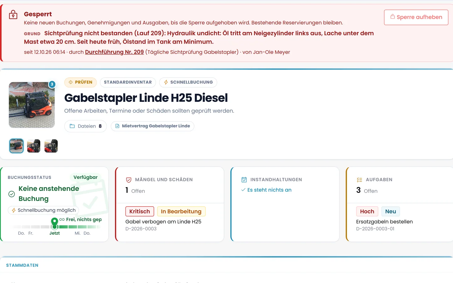 Geräteakte des Gabelstaplers Linde H25 in Loxify: gesperrt nach nicht bestandener Sichtprüfung, ein offener Schaden, drei Aufgaben