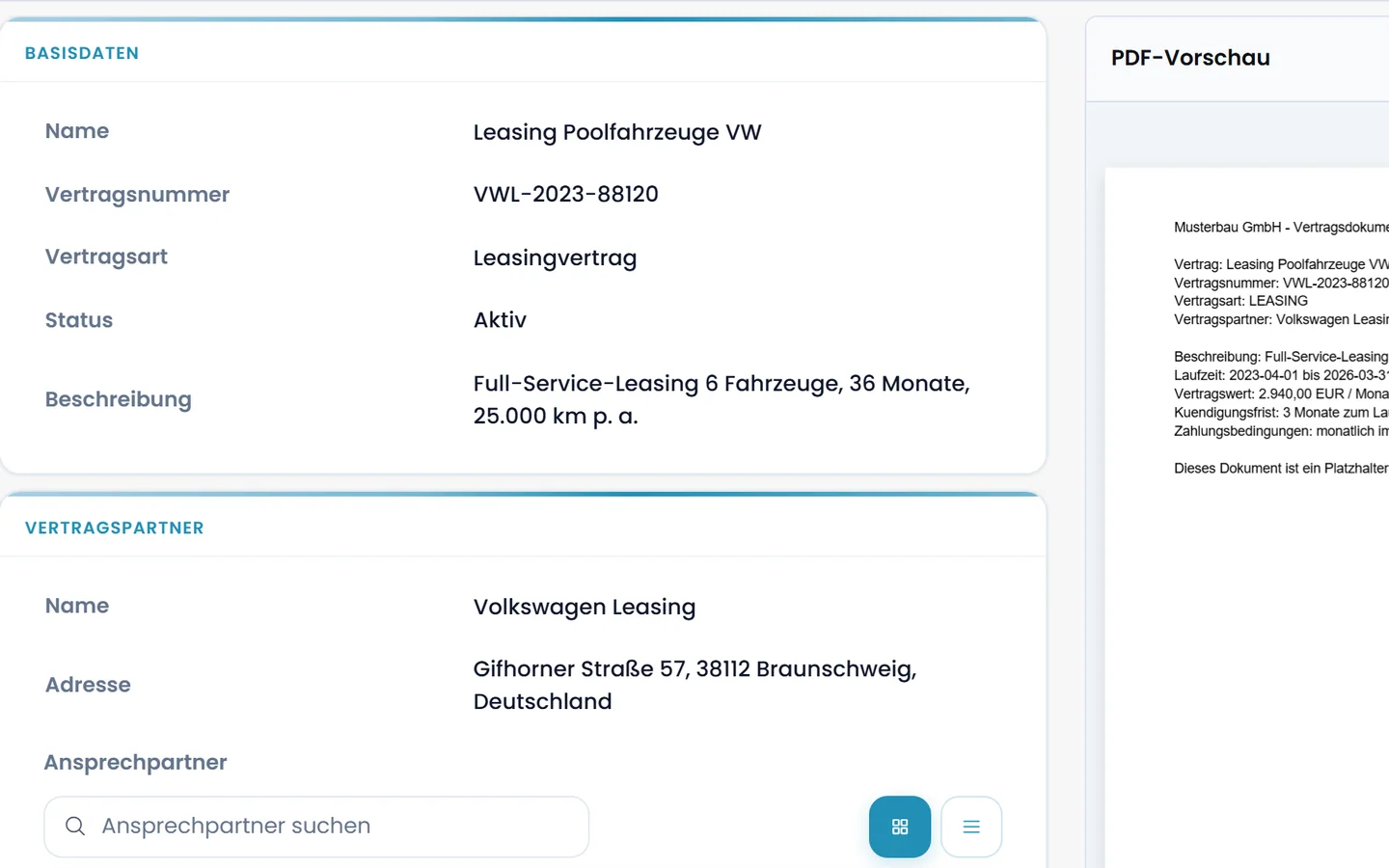 Leasingvertrag Poolfahrzeuge VW in Loxify mit Basisdaten, Vertragspartner und Ansprechpartnern