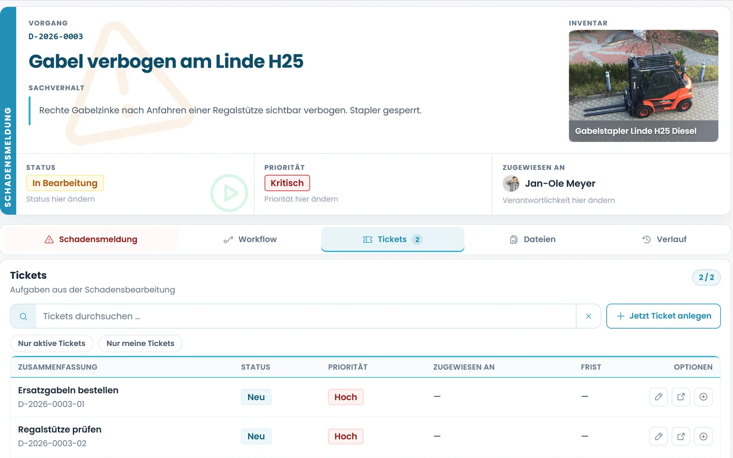 Schadensakte in Loxify: Gabel verbogen am Linde H25, kritisch, in Bearbeitung, zwei Tickets